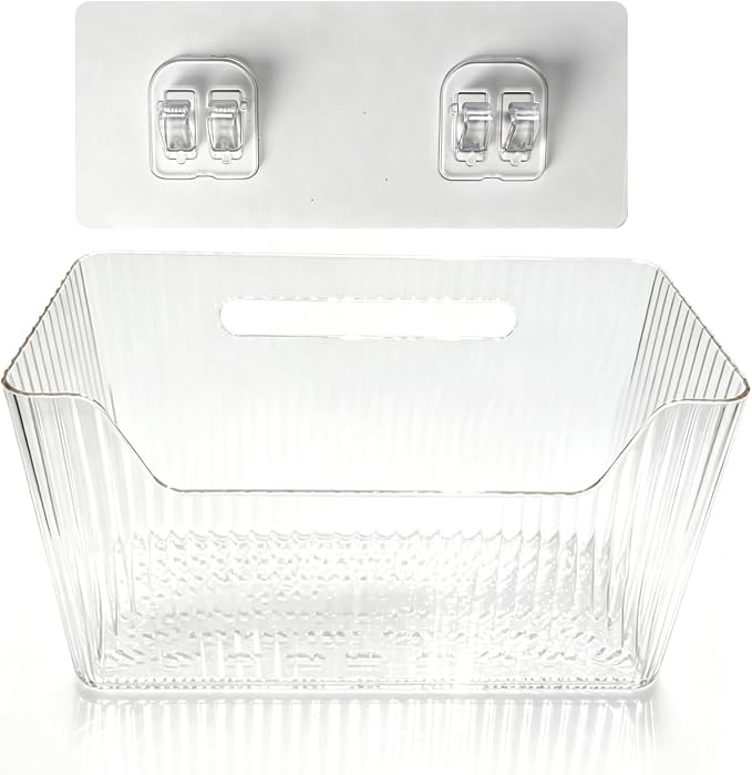 Under Sink Sponge Holder, Cabinet Door Organizer, Stackable PET Organizer, Adhesive Wall Mounted Storage Bins for Kitchen Bathroom Pantry, Clear
