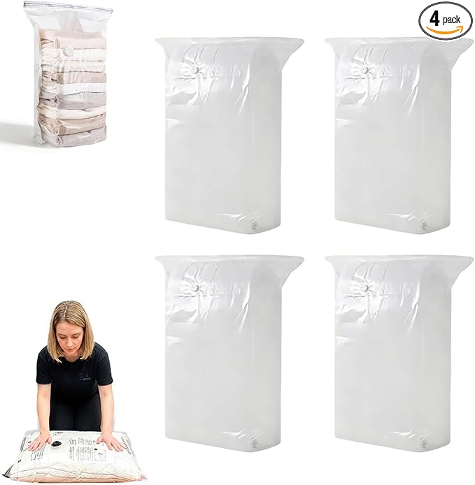 4pcs No-Pump Vacuum Storage Bags for Bedding Dorm Under Bed (M) | Space Saver up to 80%, Puncture-Resistant Film, Standing Cube Compression Design, Travel & Home Use, Manual