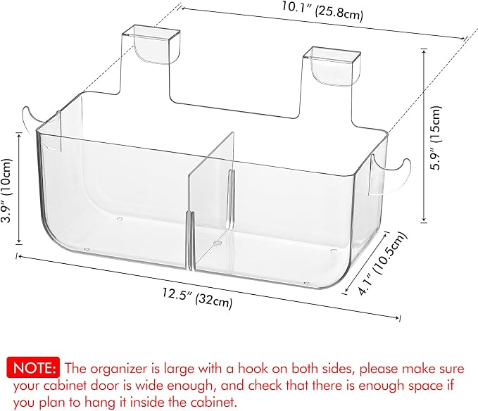 Poeland 2 Pack Over Cabinet Door Organizer, Plastic Storage Bin with 2 Hooks, Over Cabinet Holder for Kitchen, Pantry, Bathroom, Inside or Outside Door (Transparent)
