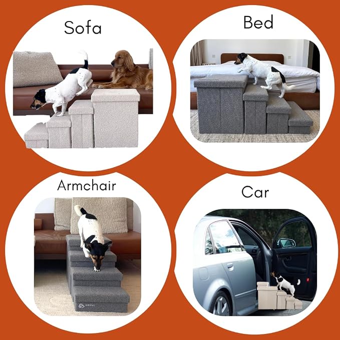 5-Step Dog Stairs for Small, Medium Dogs with Storage Box - Durable Folding Pet Steps, Padded Lid and Container; Dog Steps for Bed and Couch + Hair Brush Gift (Off White, Large, 5.0)