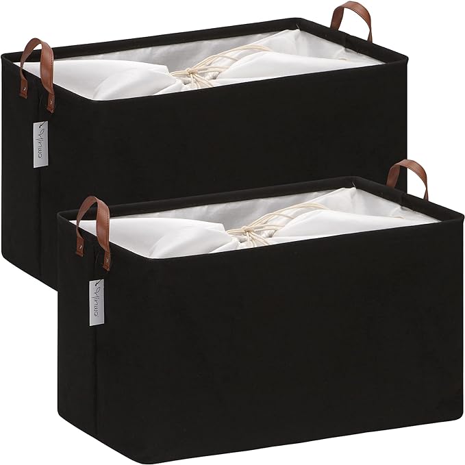Hinwo 70L Extra Large Canvas Storage Bin with Lid and Handles, 2-Pack | Collapsible Fabric Baskets, Closet Shelf Organizers, Containers for Clothing, Blankets, Toys, Bedding (Black)
