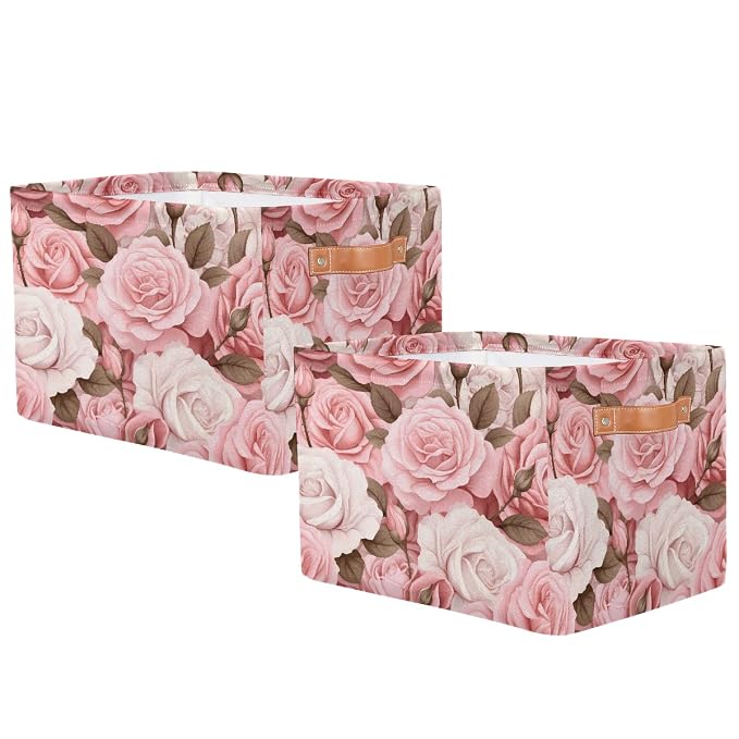 SEULIFE Floral Flower Rose Pink Foldable Storage Basket, Large Collapsible Organizer Storage Bin Cube Toys Storage Boxes with Handles for Bathroom Kids Nursery Closet Storage, 2 Pack