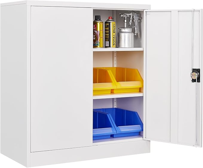 Metal Storage Cabinet, Lockable Storage Cabinet with 2 Doors and Shelves, Metal Cabinet with Lock, Small Lockable for Home Office(White)