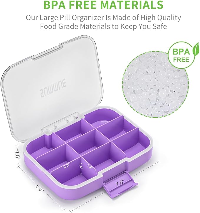 Large Pill Organizer, 9 Compartments Portable Travel Pill Box Case Moisture Proof, XL Pill Container Holder for Vitamins, Cod Liver Oil, Supplements, Medication (Purple)