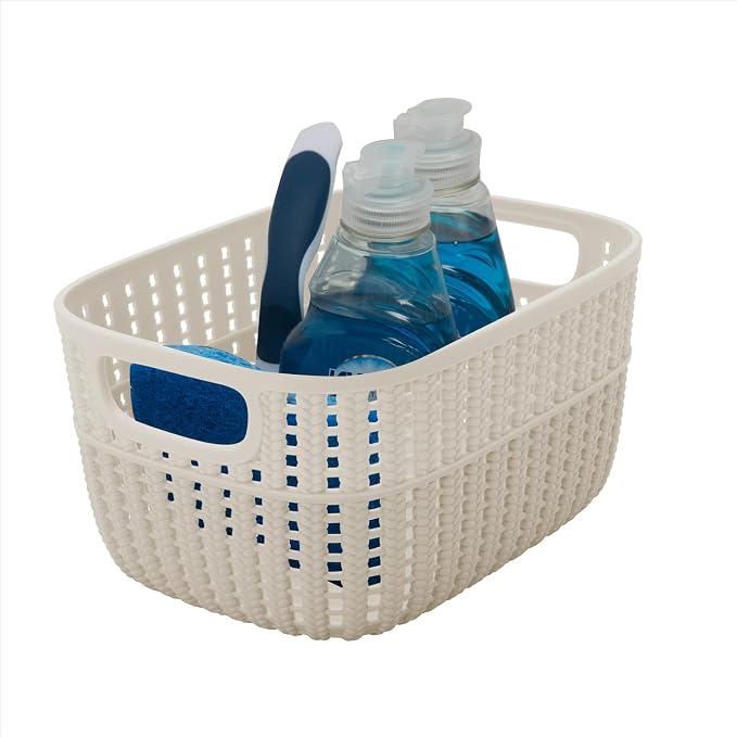 Simplify 4 Pack 2 Tone Sailor Knot Plastic Storage Tote | Decorative Basket | Closet Organization | De-clutter | Accessories | Toys | Bathroom Organization | Small | Ivory