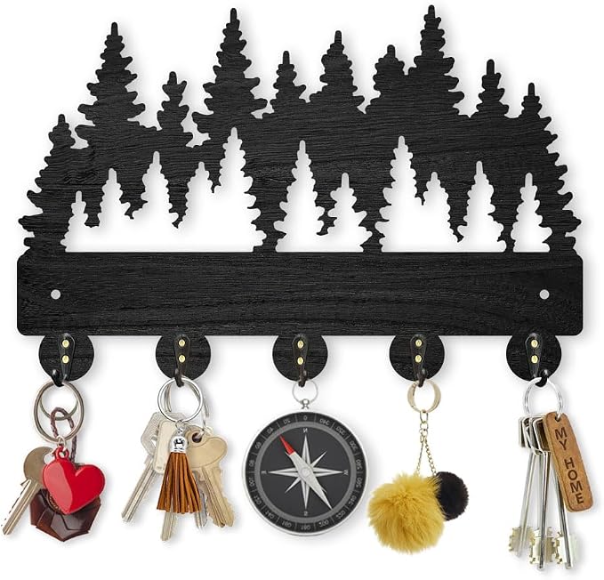 MAYJOYDIY Forest Coat Rack Wall Mount - 11.8x7.9 inch Wood Dense Forest Tree Wall Art Decor Key Holder 5 Alloy Hooks Black Hook Rack for Entryway, Living Room, Bedroom - Gift