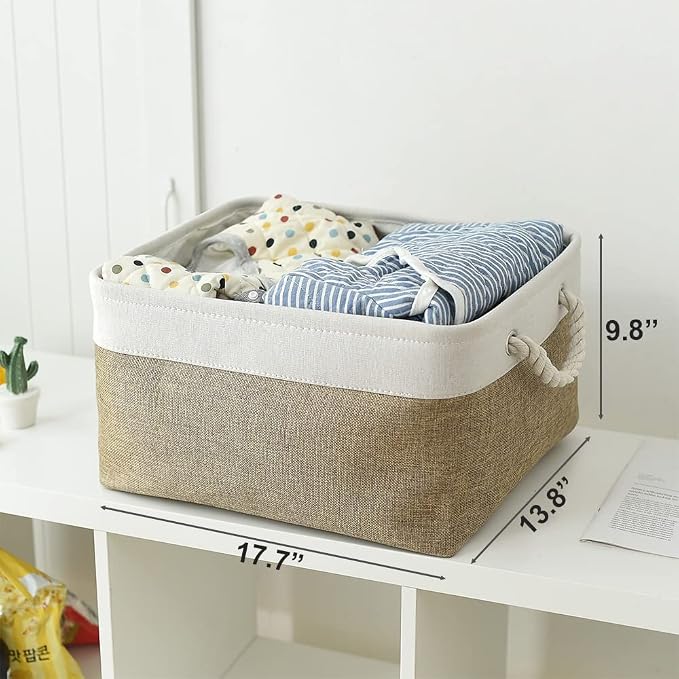 Organization and Storage Basket for Organizing - X Large - 3 Pack 17.7L×13.8W×9.8H in Collapsible Storage Bin for Shelves, Fabric Basket for Gifts Organizer Toy Closet (White & Khaki)