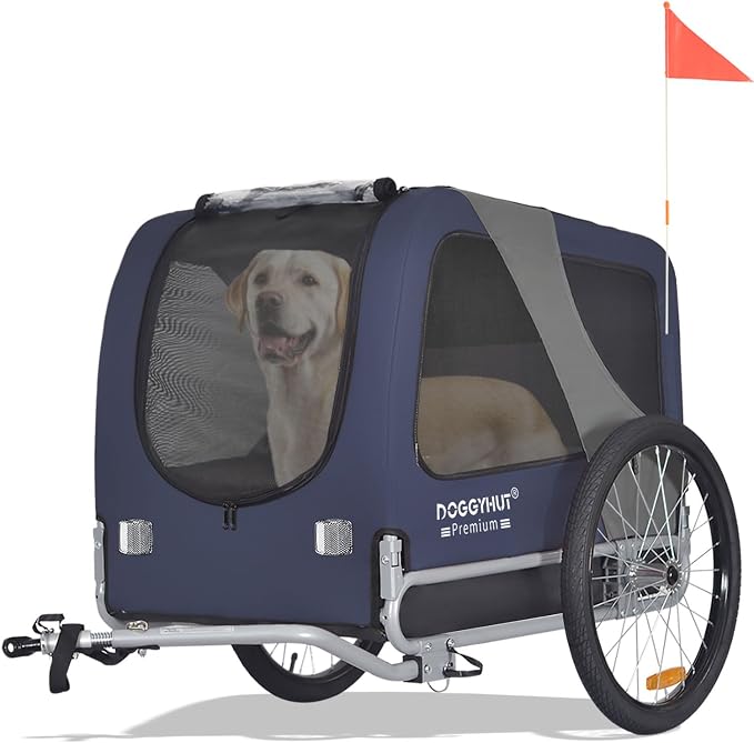 DOGGYHUT® Premium Large Pet Bike Trailer Up to 77 lbs (Blue) | Bicycle Trailer for Small Medium or Large Dogs, Dog Bicycle Carrier, Low Center of Gravity, Folding Frame Cart