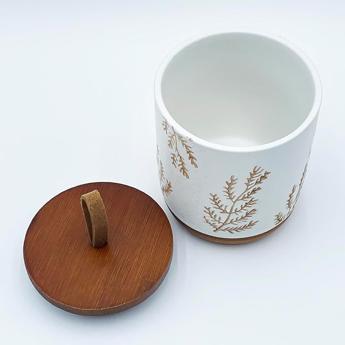 10oz Ceramic Airtight Food Storage Container with Wooden Spoon for Sugar,Matcha,Salt,Coffee,Spices,Cat Treat,Loose Leaf Tea(White Botanical Fern Pattern)