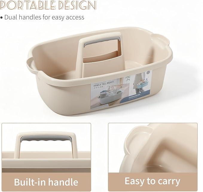 Large Cleaning Supplies Caddy Portable Shower Caddy Basket Beige | Sturdy Supply Organizer with Handle Plastic Bucket Tool Storage for Bathroom Bedroom Kitchen Garden College Dorm Essentials