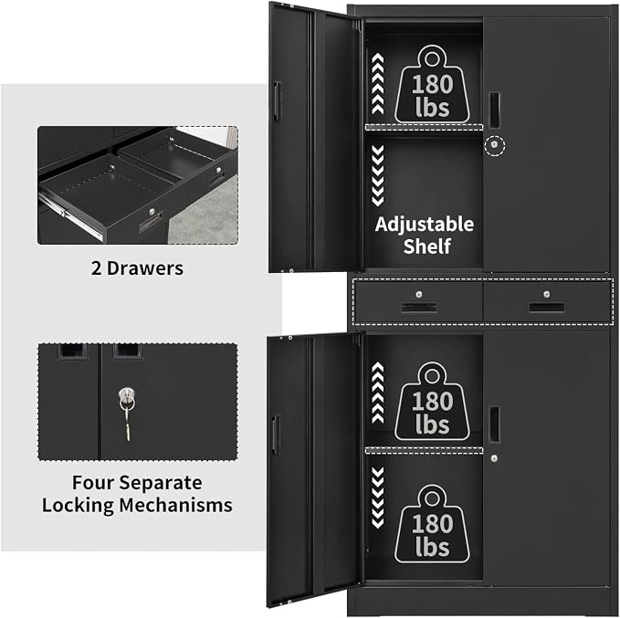 CJF Metal Storage Cabinet, 71" H Metal Cabinets with Adjustable Shelves and Drawers, Locking Storage Cabinet for Pantry, Office, Garage, Home, School, Utility (Black)