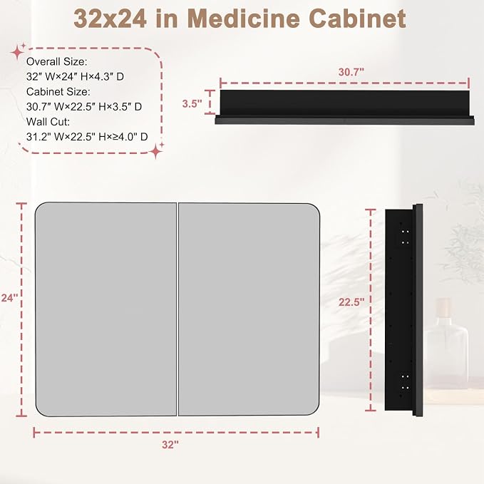 32x24 in Double Door Medicine Cabinet with Mirror, Matte Black | Fully Assembled; Recessed or Surface Wall Mount; Metal Cabinet with Tempered Glass Mirror and Two Adjustable Glass Shelves
