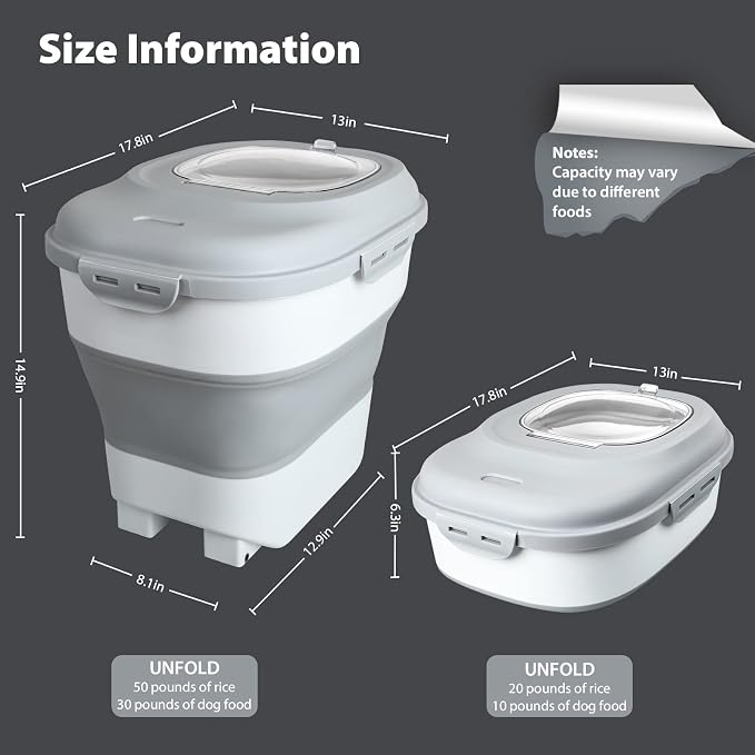 Viretec Cereal Rice Storage Containers, 20 to 50Lbs Collapsible Dry Food Dispenser Bins with Airtight Flip Lid Rolling Wheel, Kitchen Pantry to Store Sugar Flour, Dog Pet Cat Food Holder Container