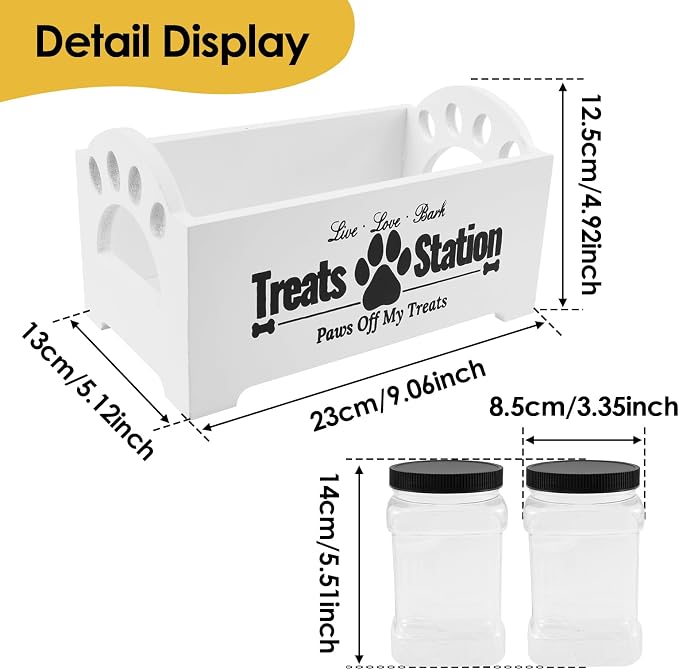 Dog Treat Container With 2 Plastic Jars, Farmhouse Pet Food Storage Organizer for Dogs and Cats (White)