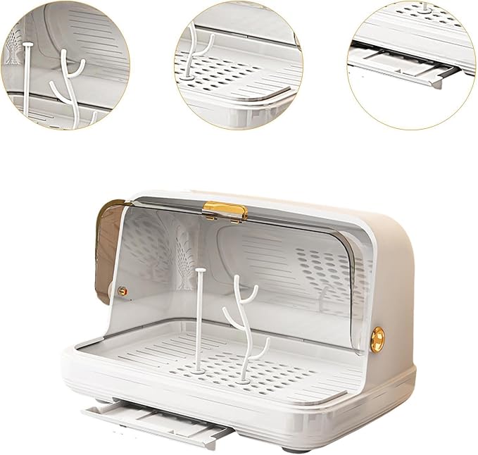 kowaku Rack Rack with Cover Organizer Storage Box Dish Drainer Portable Cabinet Organizer View Easy to Clean for Food, White Medium