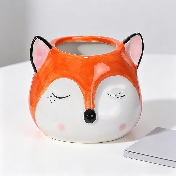 Ceramic Fox Shaped Pen Pencil Holder for Desk Decoration Accessories Fox Decor Makeup Brush Pen Cups Office School Ideal Gifts for Women, Mom or Birthdays