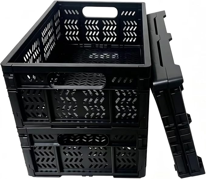 4-Pack 20L Foldable Storage Crates, Heavy Duty Plastic Milk Crates for Storage, Multi-Purpose Collapsible Basket with Handle Suitable for home, office storage, Halloween, Christmas party, Black