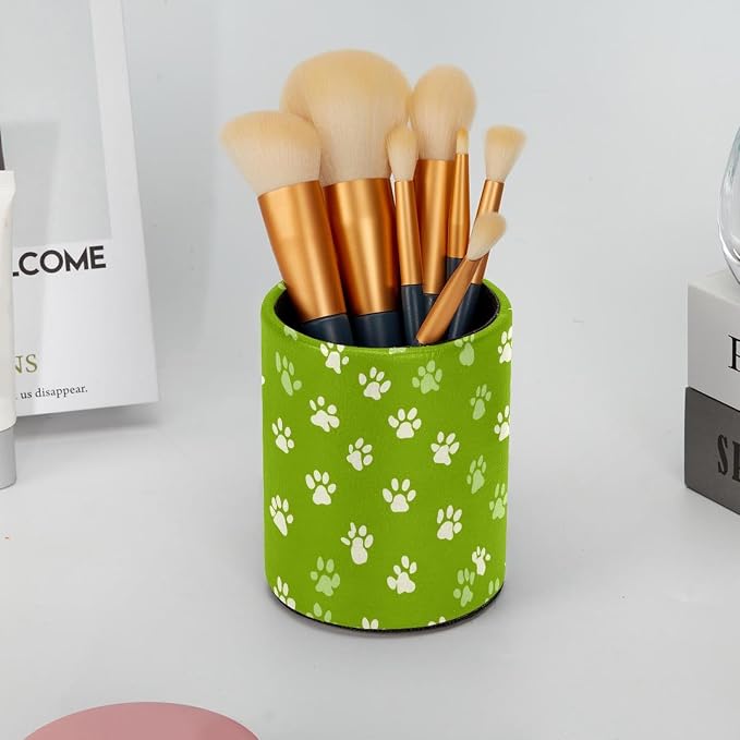 Faux Leather Pen Holder for Desk, Pencil Organizer Pet Paws Pen Cup Desk Decor Makeup Brush Holder Storage for Office Home