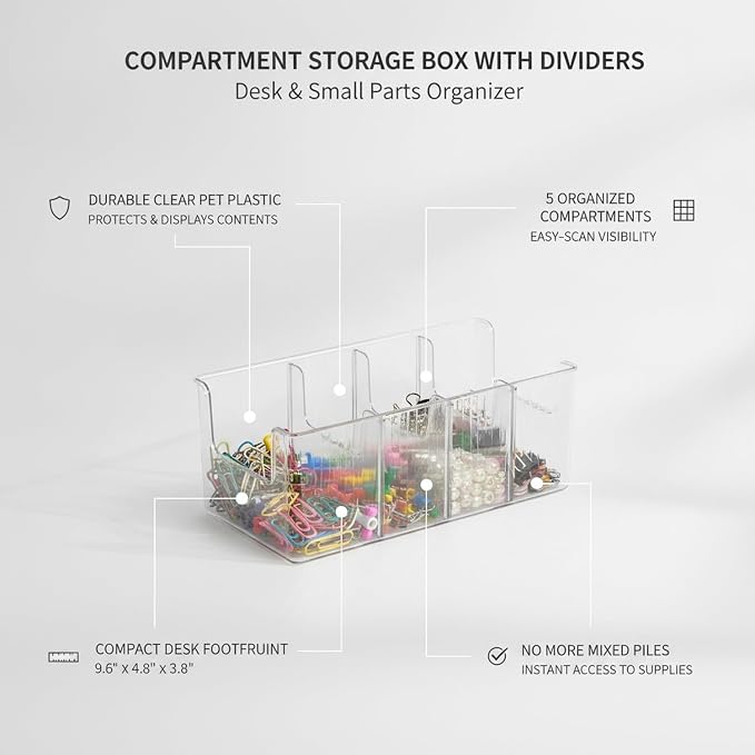 Compartment Storage Box with Dividers, Clear PET Plastic Organizer for Desk Supplies and Small Parts, 9.6 x 4.8 x 3.8 Inches (1 PC)