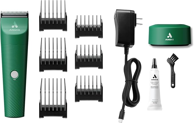 Andis 79085 Vida 5-in-1 Cordless Adjustable Blade Pet Hair Clipper, 11-Piece Kit, Non-Slip Design, Slim Profile, Versitile Fit, Grooming, Green