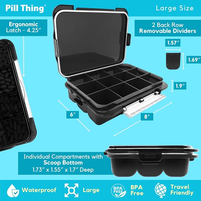 Extra Large Pill Organizer (12 Compartments) – Airtight Waterproof Travel Pill Case – Holds Large Vitamins & Daily Medications – Medication Map & Secure Lock Design (Black, 1 Pack)