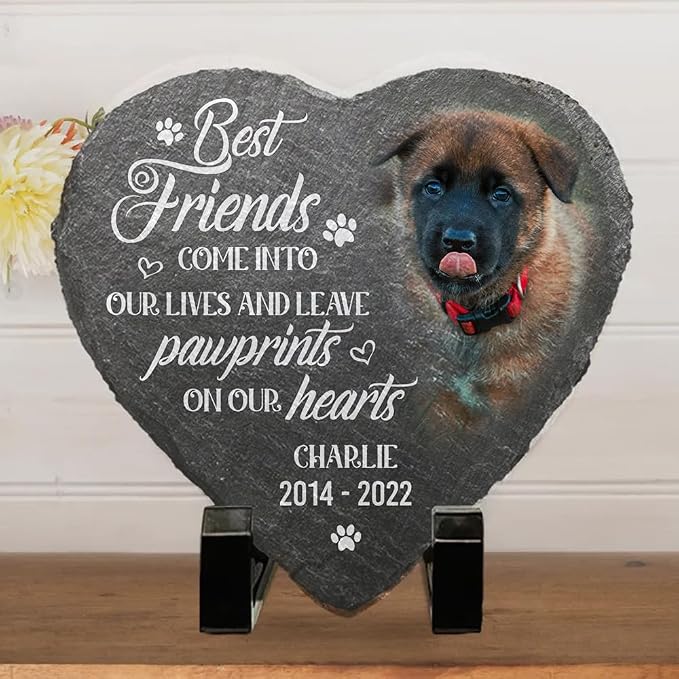 Wrappiness Pet Memorial Stone - Forever in My Heart, Personalized Dog Memorial Gifts, Remembrance Condolences Bereavement Gifts for Loss of Pet Custom Photo (Heart 01, Stone with Stand)