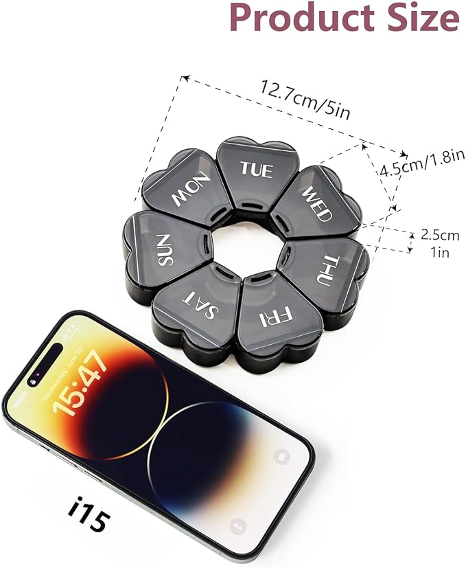 MOLN HYMY Large Pill Organizer 7 Day, Pretty Weekly Pill Box Case, Girly Medicine Dispenser Container for Vitamin, Gummy, Medication, Supplement (Black)