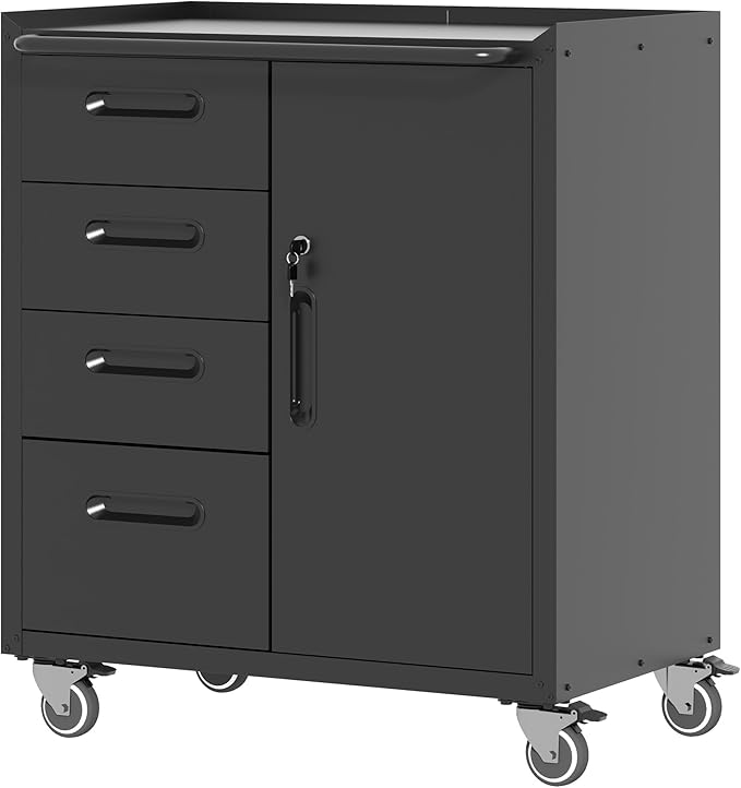 Metal Storage Cabinet for Garage, Tool Cabinet, Utility Cabinet | Wheeled, Rolling Tool Cabinet, 4 Drawers, 1 Door Lockable, Top Countertop, Assembly Required, Black