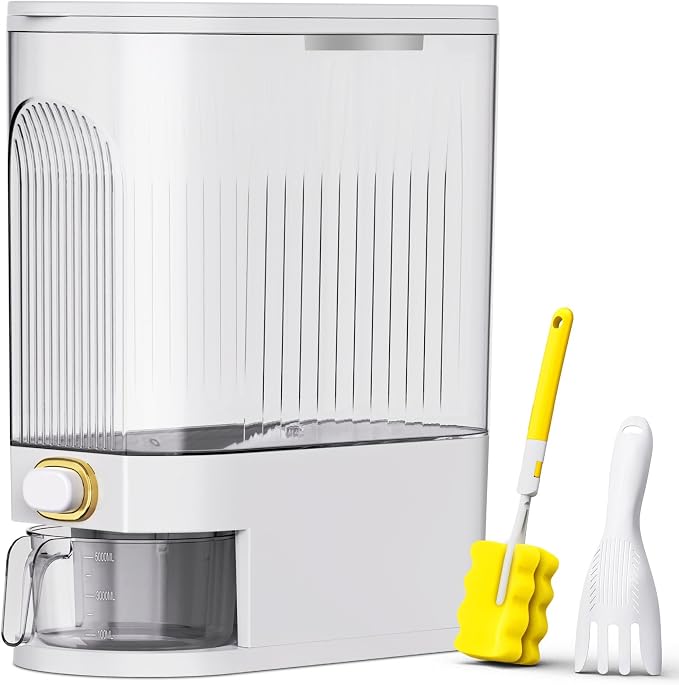 Rice Dispenser,22Lbs-25Lbs Rice Container with Measuring Cup, Upgraded Lid Time Dials & Built-in Fresh Box Rice Container Storage for Home Kitchen Pantry Stores Rice - White Capacity 22Lbs-25Lbs