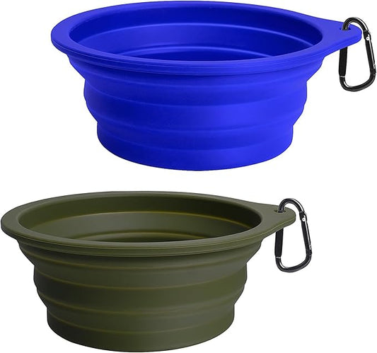 PetBonus 2-Pack Silicone Collapsible Dog Bowls, BPA Free Dishwasher Safe, Portable Foldable Expandable Travel Bowl, Food Water Feeding Cup Dish for Dogs Cats with 2 Carabiners (Army Green, Blue)