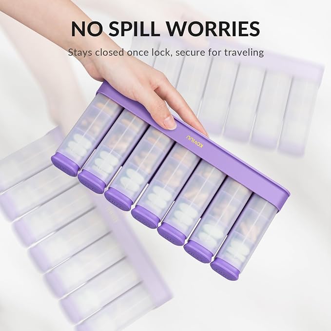 KOVIUU Weekly Pill Organizer 3X a Day, Large Daily 7-Day Pill Box, Purple | Detachable Pill Case with 3 Compartments | Travel Pill Container Holder for Vitamins, Supplements, Medications | BPA-Free