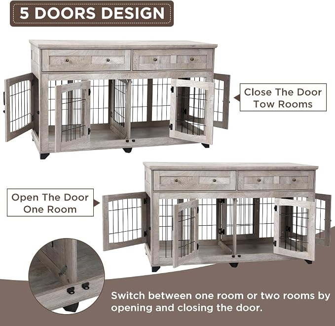 2 Dog Crate Furniture for Large Breeds,Large Dog Kennel Furniture TV Stand,58" Wooden Dog Kennel End Table with Drawers,Double Dog House with Divider