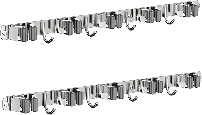 CUXIXA 2 Pack Mop and Broom Holder Wall Mount, Non-slip Broom Hanger Wall Mount, Heavy Duty Mop Broom Organizer for Kitchen Garden Garage Laundry Room Wall Decor Organization and Storage Silver 5R4H