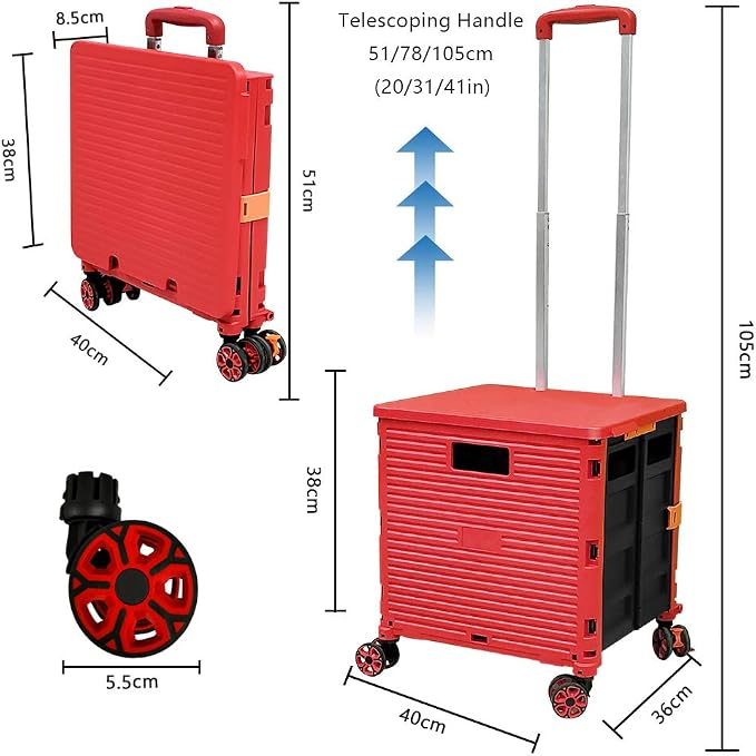 FELICON SELORSS Foldable Utility Cart Folding Portable Rolling Crate-Red | Durable,Heavy Duty,Plastic Box,Telescoping Handle,4 Rotate Wheels,Collapsible Handcart for Travel Shop Move Luggage Office