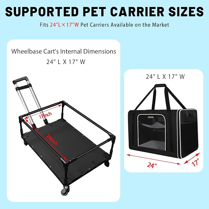 Foldable Wheel Base Cart Compatible with 24" L × 17" W Pet Carrier | Easy to Load & Unload the Carrier, Roll and 360° Swivel Smoothly, Removable Silent Wheels, for Car Travel, Vet