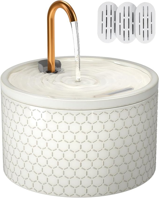 MISFANS Ceramic Cat Water Fountain - 2.1L/71oz - Honeycomb Embossed All-Ceramic Body & Pure Copper Spout - Non-Toxic & Automatic Pet Drinking Fountain Indoor with Ultra-Quiet Pump, 3 Filters & Sponge
