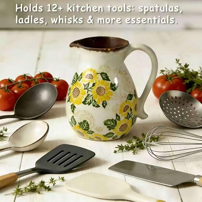 Rustic Ceramic Utensil Holder, 6.1" Kitchen Cooking Utensil Holder | Utensil Organizer Crock with Handle for Kitchen Counter, Vintage Farmhouse Home Decor, Flower Pot, Countertop Spoon Tools