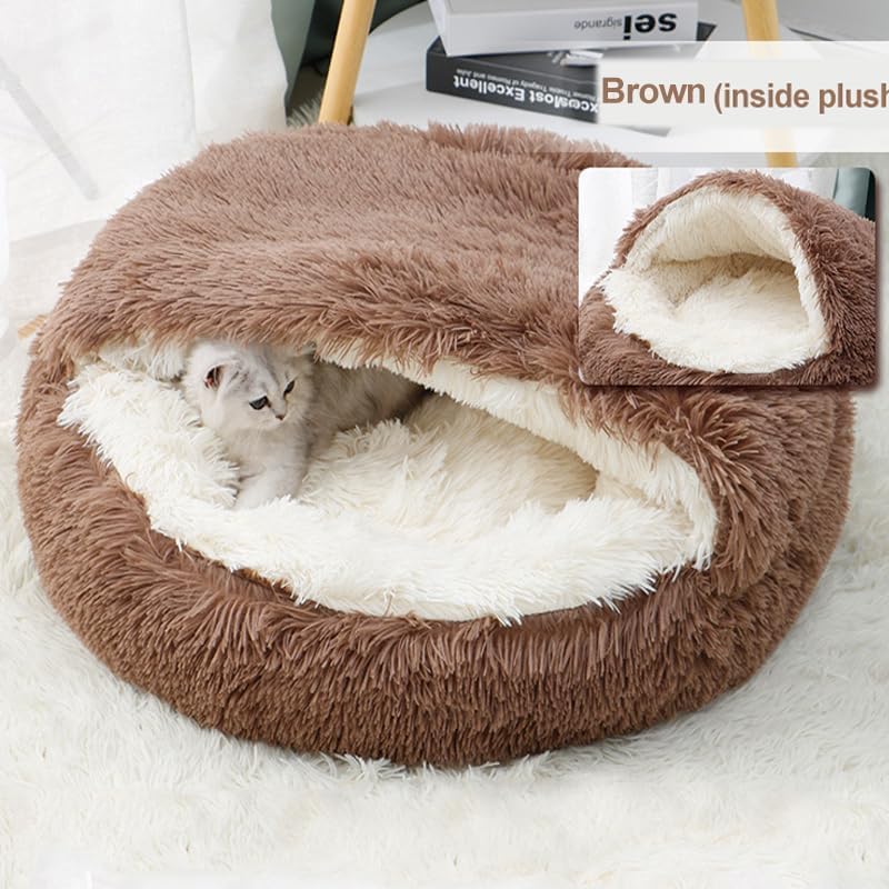 Cat Bed Round Fluffy Hooded Cat Bed Cave, Anti-Anxiety Cave Bed with Hooded Blanket, Cozy Cuddler Luxury Puppy Pet Bed, Anti-Slip Bottom and Machine Washable (Brown, Medium)