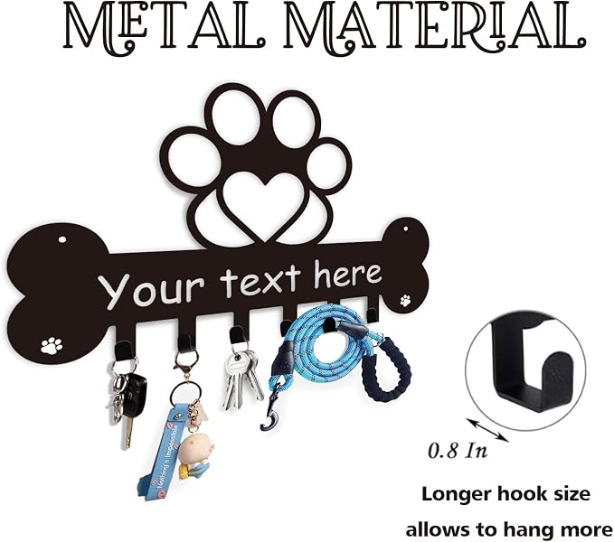 Personalized Wall Mount Dog Leash Holder, Organizer with Bone & Paw Design, Unique Metal Key Holder, Dog Decor Gift