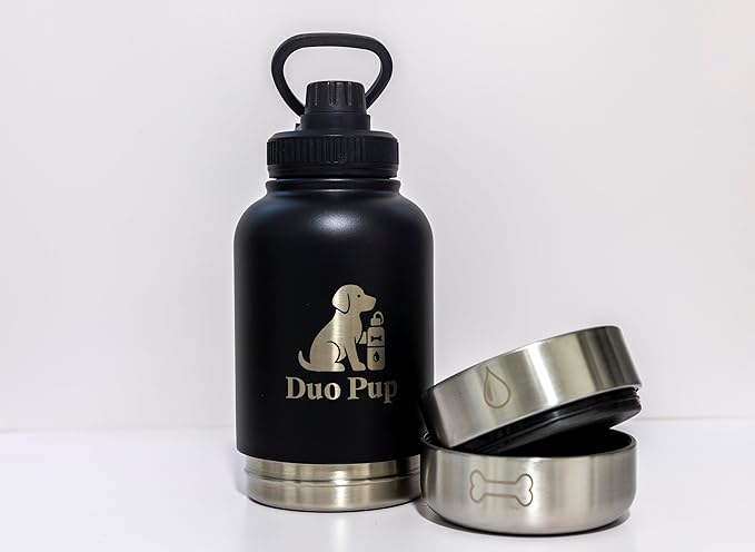 DuoPup 32oz Insulated Stainless Steel Pet Water & Food Bottle – Portable Leak-Resistant Dispenser with Two Detachable Bowls & Carrying Strap – Travel, Hiking & Outdoor Pet Hydration – LightGreen