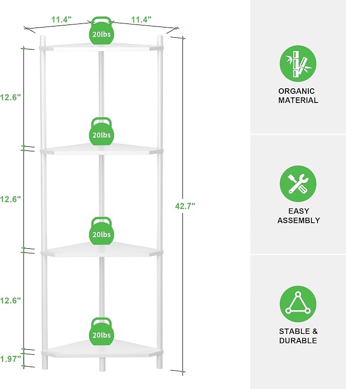Wisuce White Small Corner Shelf Stand, 4-Tier Bamboo Corner Bookshelf | Space-Saving Narrow Corner Shelf | Bathroom Corner Shelf | Shelves for Bedroom, Living Room, Kitchen & Plant Display