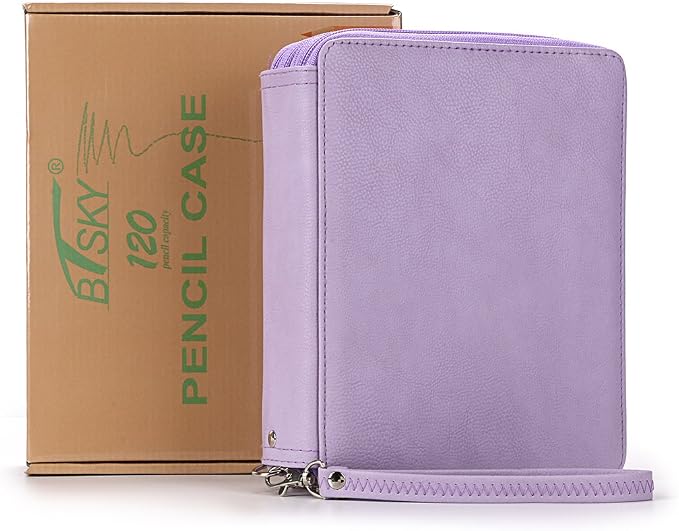BTSKY Deluxe PU Leather Pencil Case For Colored Pencils - 120 Slot, Purple | Pencil Holder with Handle Strap Handy Colored Pencil Box Large for Artists, Adults Coloring, Sketching, Drawing