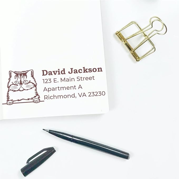 Peeking Persian Cat Wood Handle Return Address Stamp - 4 Line Rubber Stamp | Personalized to your text. Address Stamp for Housewarming Gifts. Custom Persian Cat Stationery Stamp. 4 lines.
