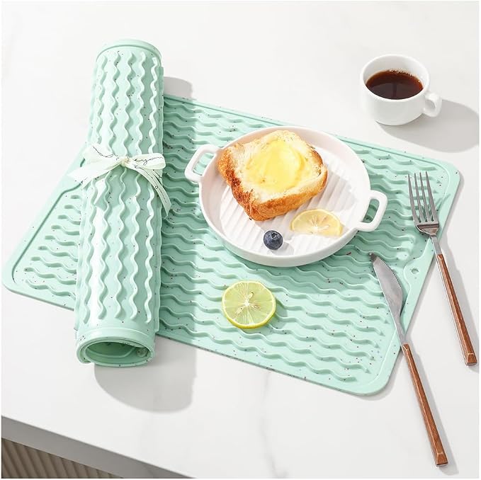 CAKETIME 2 Pack Multicolor Silicone Dish Drying Mat for Kitchen Counter Baking Cooking Tools Placemats Household Dining Must Haves Finds Dryer Work Place Covers Rug Extra Large 18"x16" Green