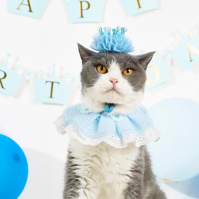 Cat Princess Costumes Cat Crown Hat & Lace Bandana Scarf Set, Puppy Party Hat for Small Dogs & Cats, Lace Outfit for Cats and Small Dogs Birthday Party (Blue)