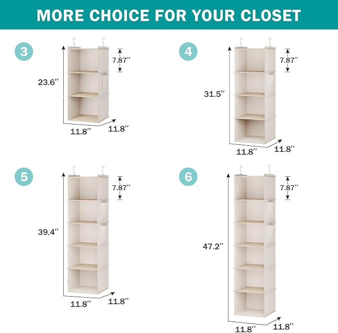 YOUDENOVA Hanging Closet Organizer and Storage for Clothes, 5-Shelf, Beige | Locker/RV/Camper Organizer, 2 Side Pockets, Hanging Shelves for Small Closet, Dorm Room Essentials for Guys, Non-woven Fabric
