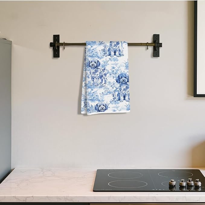 Hanamiya Na Chinoiserie Poodle Kitchen Towels 24x14 Inch, Poodle Gifts Reusable Dish Towels for Kitchen Decor, Blue and White Floral Waffle Weave Botanical Hand Towel, Funny Dog Gifts for Women Mom