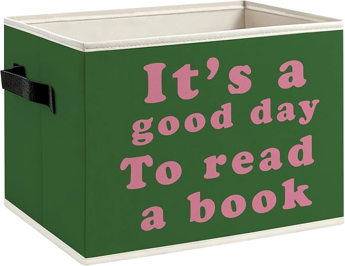 Green Classroom Book Foldable Storage Bins Box with Handles, It's Good Day to Read a Book Decorative Storage Boxes Baskets Toybox Organizer for Library Reading Room Classroom Kids Room