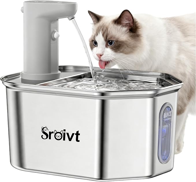 Cordless Cat Water Fountain Stainless Steel - Stainless Steel Cat Water Fountain Cordless - Water Fountain for Cats - Wireless Pet Water Fountain - Motion Sensor/Battery Operated 2.6L,1 Filter