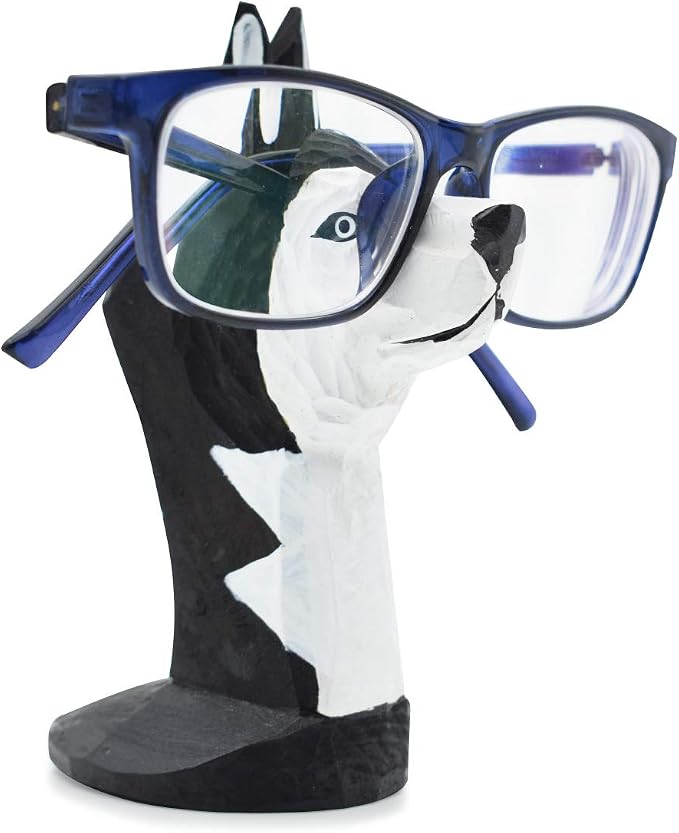 Handmade Wood Carving Eyeglasses Spectacle Holder Stand Sunglasses Display Rack Home Office Desk Décor Gift (Husky Dog)